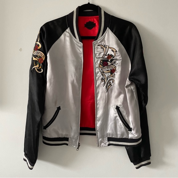 1 of 1 reworked reversible silk custom motorcycle bomber varsity jacket size s/m - Picture 5 of 10